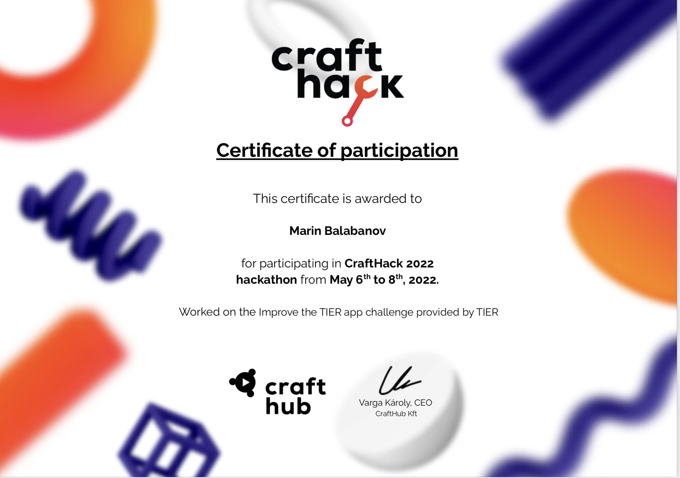 Certificate of participation for CraftHack 2022