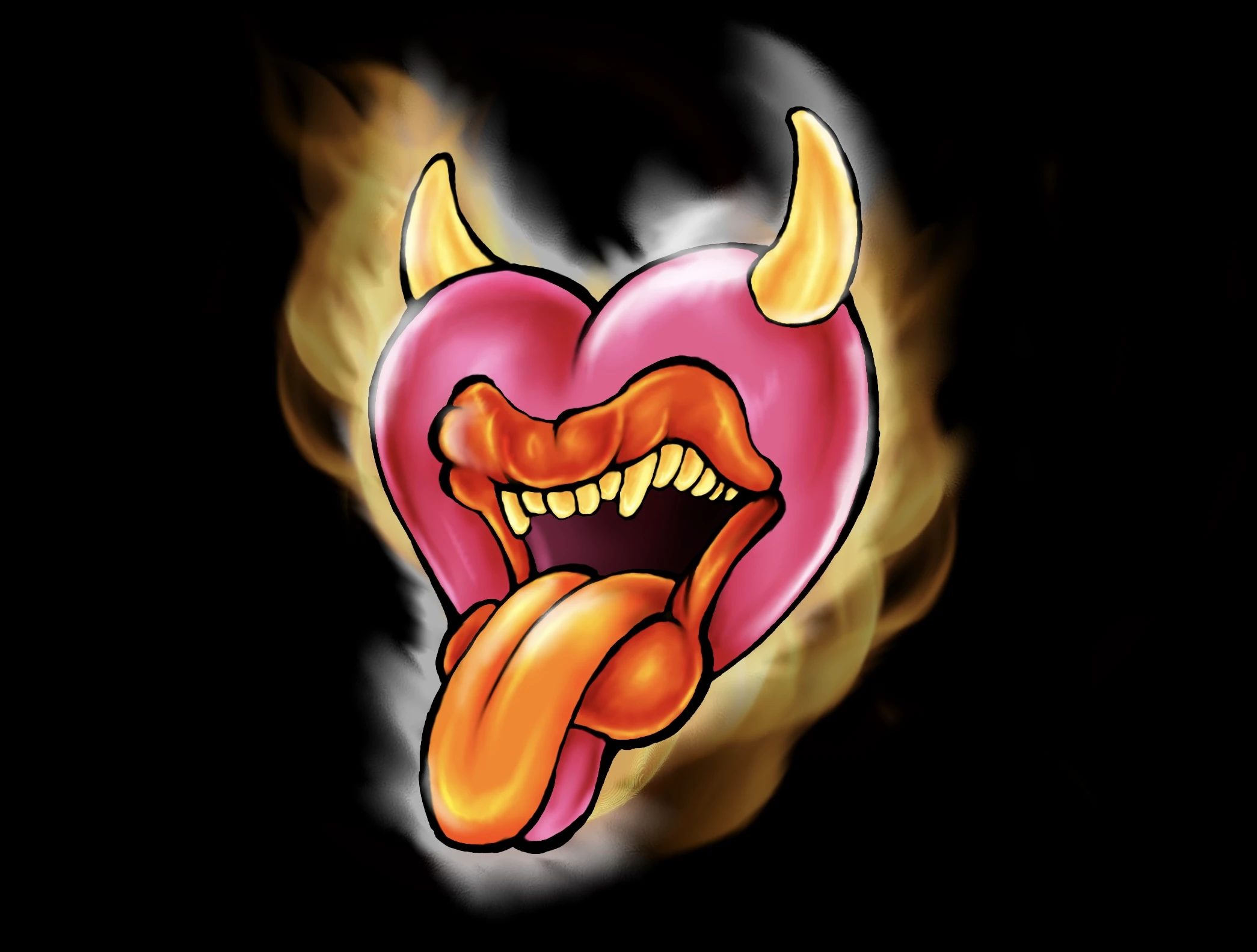 A heart with devil's horns with a mouth in it with its tongue sticking out.An NFT I created and offered on a marketplace