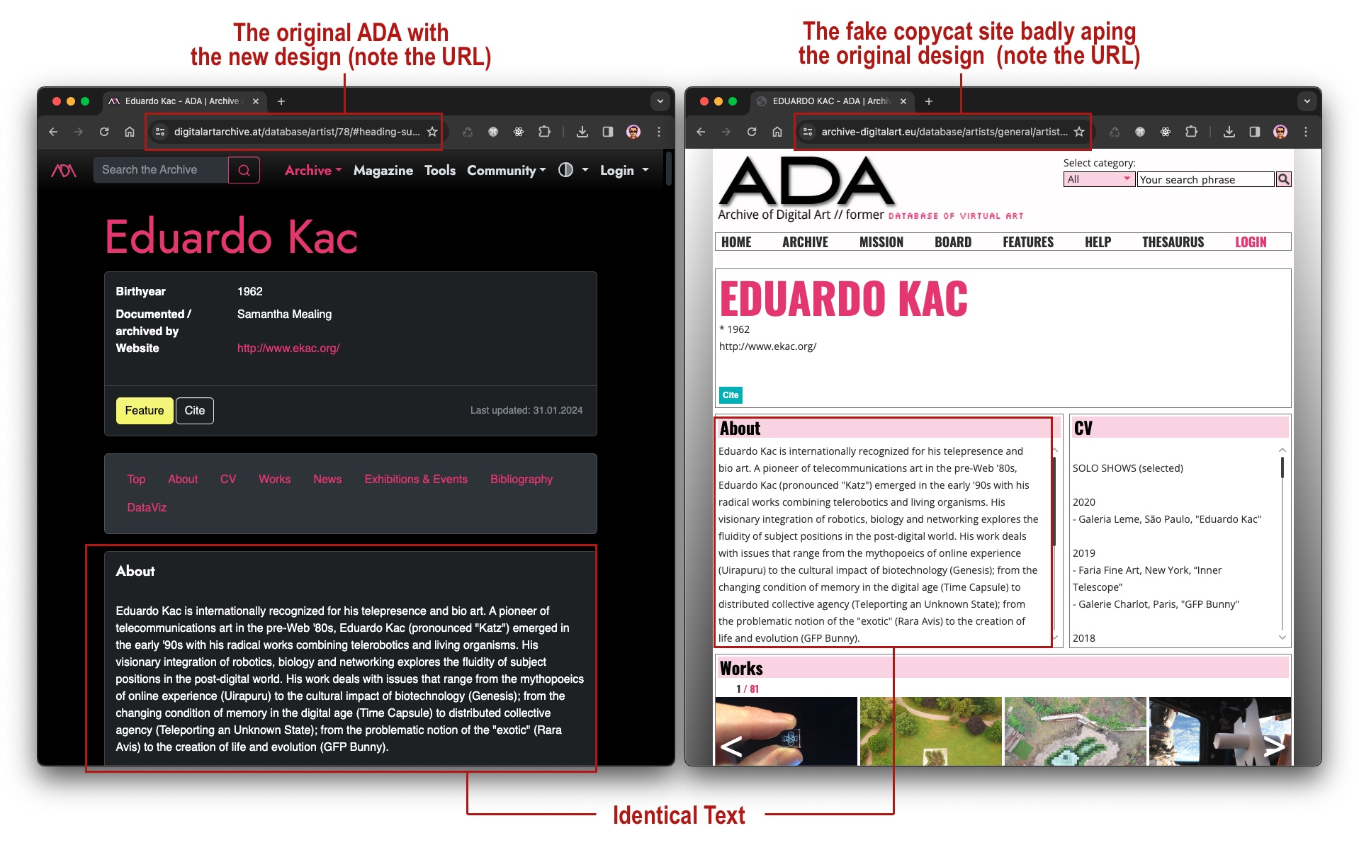 A comparison between the relaunched ADA site and the copycat site