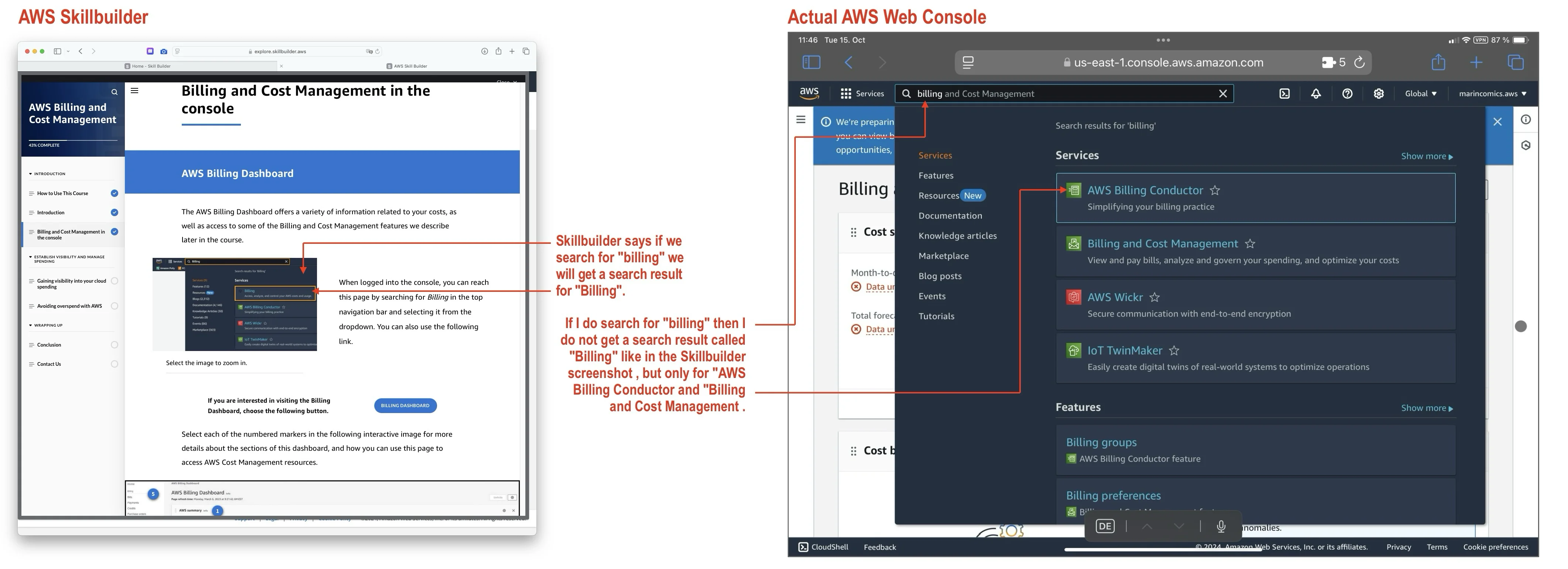 Screenshot showing the differences between the lab instructions and the AWS Web Console user interface