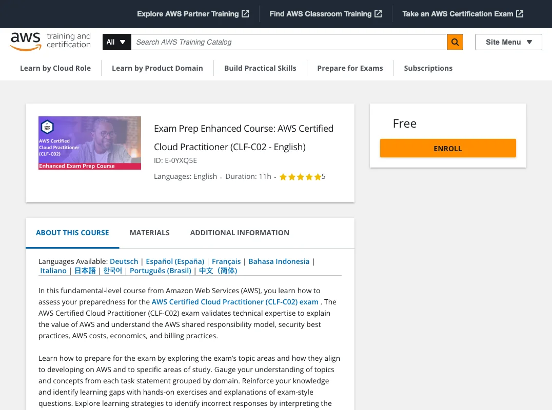 Screenshot of AWS Cloud Practitioner course on AWS Skillbuilder