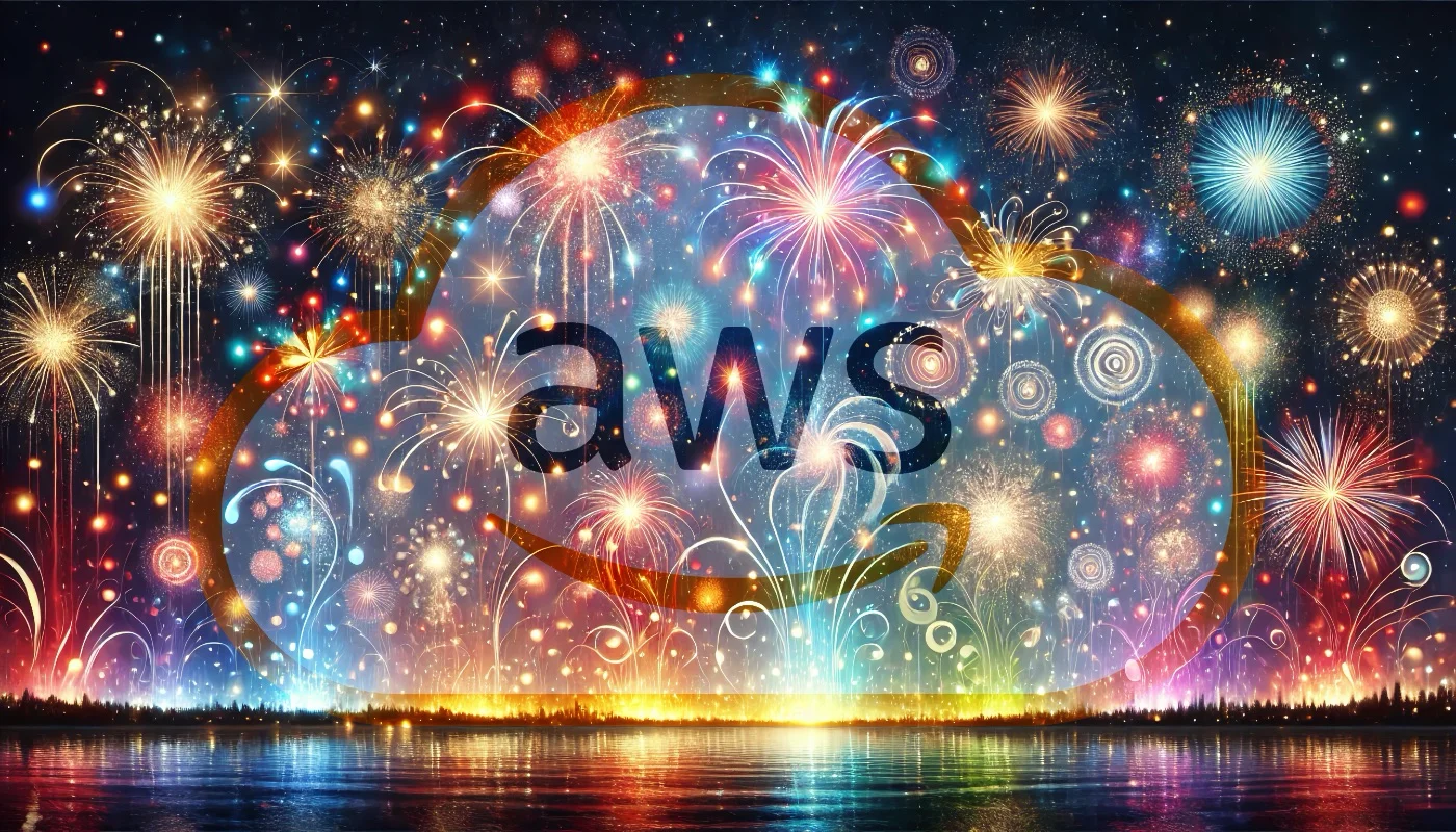 Fireworks over a night sky with the AWS cloud logo in the center