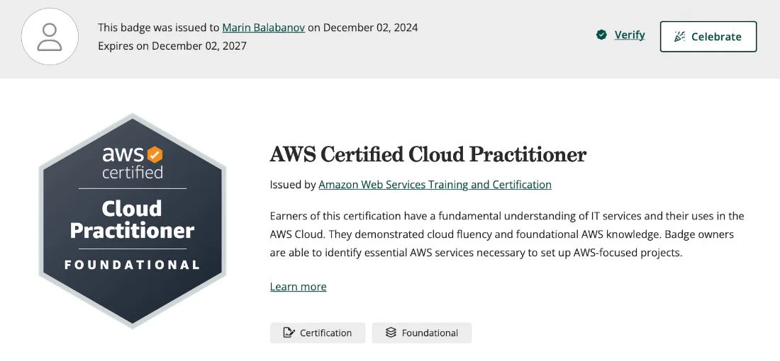 My official certificate for passing the AWS Cloud Practitioner exam