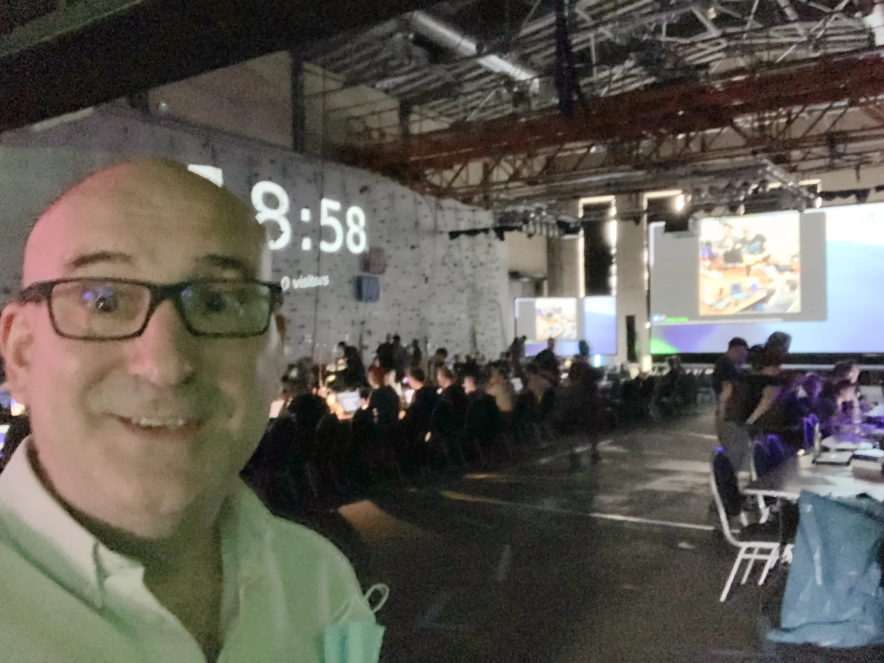 Marin taking a selfie in the main hall of the AbenteuerHallenKALK during Evoke 2022.