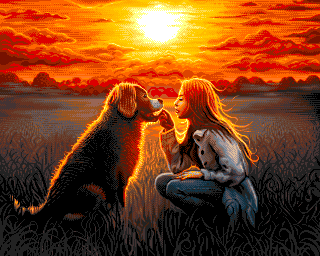 A pixel graphic of a red-haired labrador dog sitting in a field in front of a lady with red hair with a radiantly red sunset behind them. She is placing her hand on the dog's head