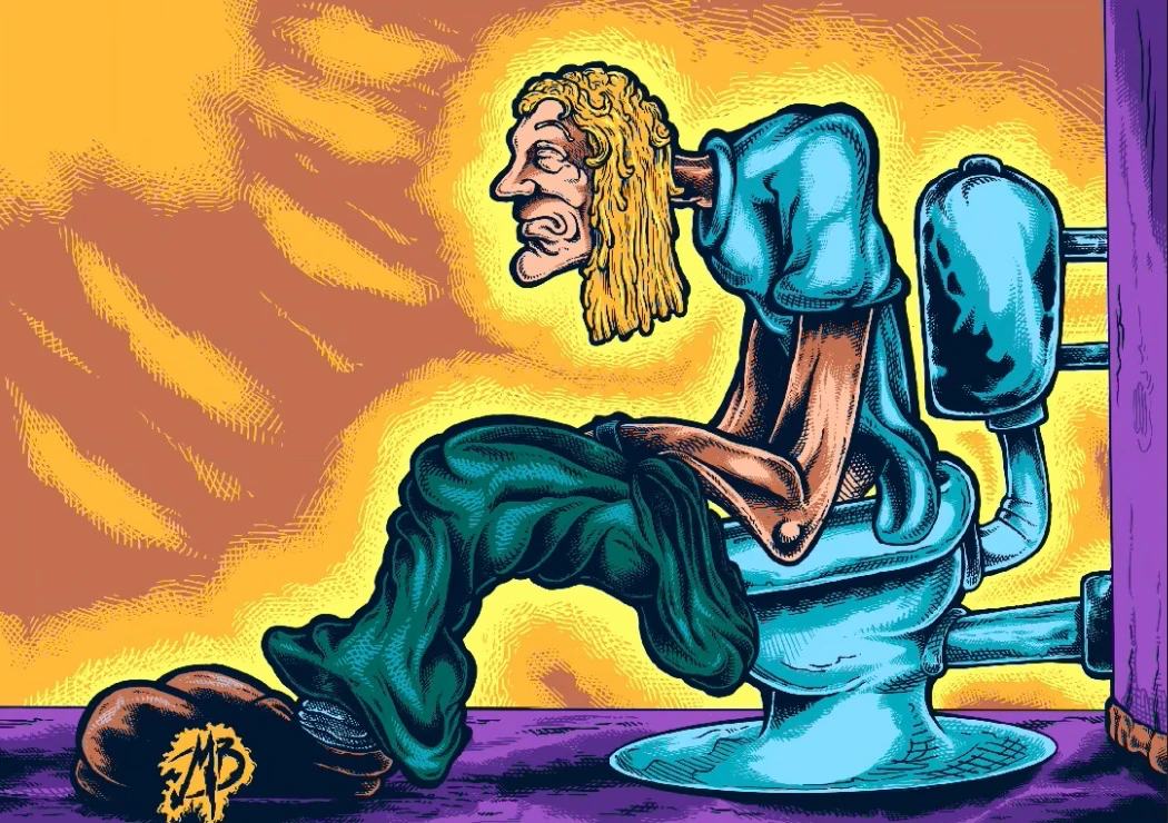 The first drawing only showed the hippie sitting on the toilet