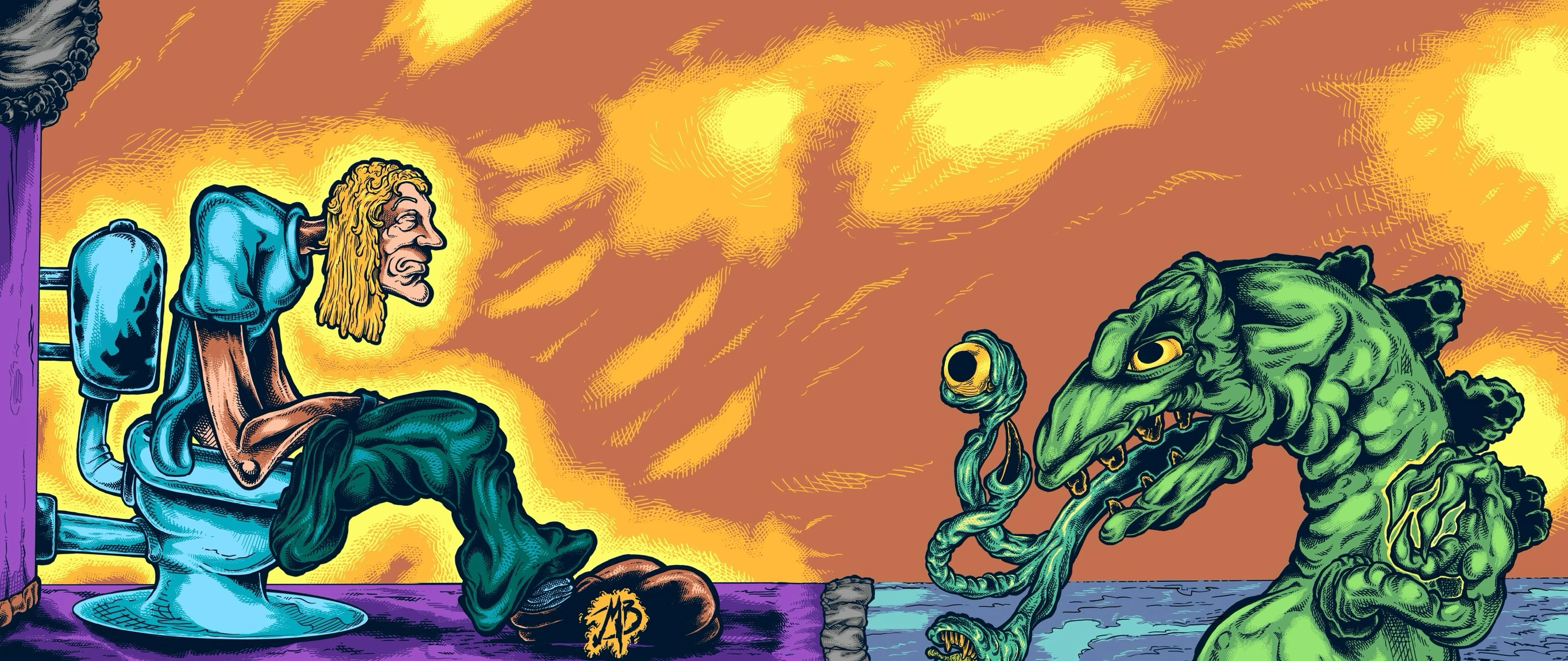 The Toilet Hippie Meets the Loch Ness Monster while sitting on the toilet